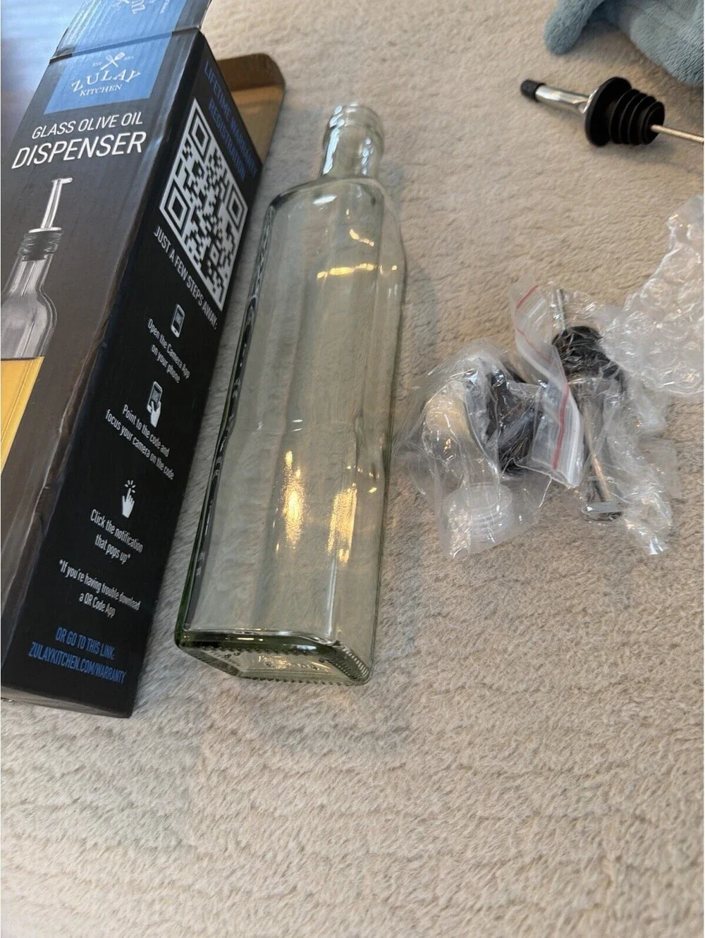 Glass Olive Oil Dispenser Bottle 17 Oz, Clear With Pour Spout, And Accesories